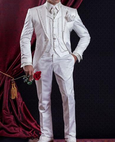 Vintage Whiteblackblue Wedding Groom Tuxedos Embroidery Peaked Lapel Three Piece Custom Made Men Suits jacket  Pants