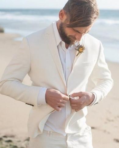 Summer Beige Linen Beach Wedding Suit Groom Tuxedo Prom Dinner Suit For Men Best Man Casual Suit 2 Piecesjacketpants 