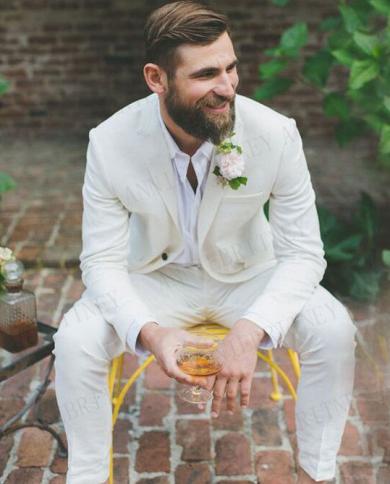 Casual Prom Party Suit For Men Hot Summer Linen Men Suits Wedding Party Jacket Pants Slim Fit Groom Tuxedo Custom Size 2