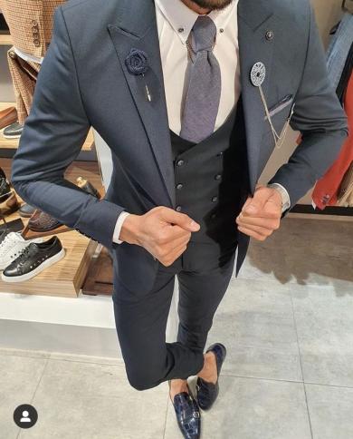  New Fashion Dark Grey Mens Suits Slim Fit Wedding Tuxedos Prom Man Blazer Designs Constume Homme  Jacketpantsvestsu