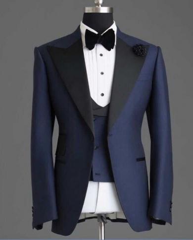 Business Dark Blue Men Suits Wedding Groom Tuxedo Black Lapel Prom Terno Masculino Blazer Custom Made 3 Pcs Jacketpant