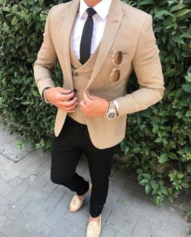 Khaki Brown Men Suits Slim Fit Smart Business Casual Male Blazer Jacket Black Pants 3 Pieces Custom Made Wedding Party P