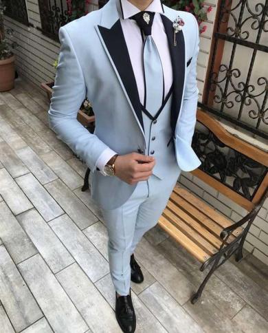  New Arrival Blue Men Suit 3 Pcs Prom Tuxedo Slim Fit Notch Lapel Groom Wedding Suits For Men Custom Blazer Terno Masucl