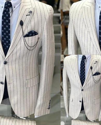 White Striped Men Suits Fomal Peak Lapel Wedding Slim Fit Man Blazer Costome Homme 2 Pcs Prom Terno Masculino Groom Tuxe