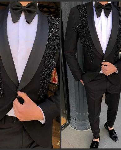 אופנה חדשה יוקרה חרוזים חליפות גברים מסיבת נשף תחפושת בלייזר homme terno masculino חתן ללבוש חתונה 2 יחידות גקט  מחבת