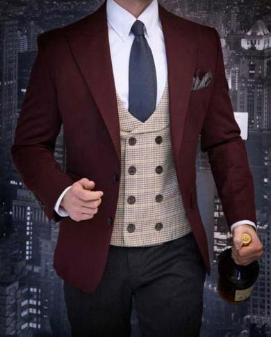  Burgundy Groom Tuxedos Men Suits Wedding Man Blazers Shawl Lapel 2 Pieces Black Groomsmen Suits Costume Homme jacketp
