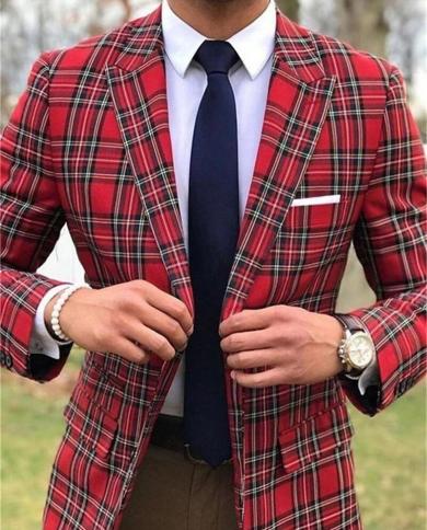 Red Plaid Costume Homme Men Suits Peak Lapel Prom Slim Fit Terno Masculino Tuxedo Groom Wear Blazer Wedding 2 Pcs Jacket