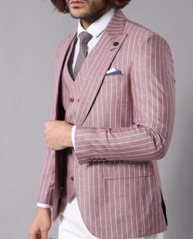 Latest Stripe Pink Wedding Tuxedos Prom Men Suits Slim Fit Groom Wedding Terno Masculino Blazer 3 Pcs jacket pantsves