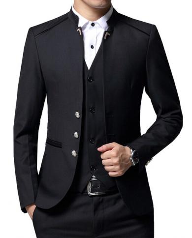 Fashion 3 Colors Stand Collar Men Suits Wedding Groom Costume Homme Tuxedo Prom Terno Masculino Blazer 3 Pcs Jacketpant