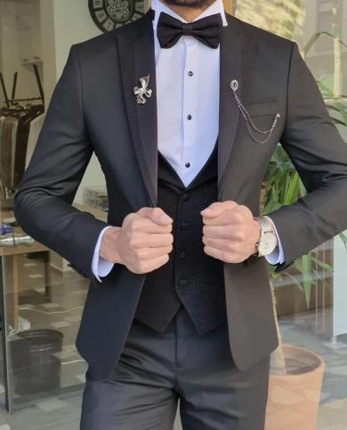  High End Black Wedding Men Suits Groom Custom Made Tuxedo Prom Terno Masculino Slim Fit Blazer 3 Pcs Jacketpantvestsu