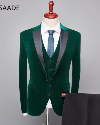 Mens Dark Green Slim Fit Peaked Lapel 3 Piece Suit Groom Formal Business Tuxedos Wedding Men Suit Evening Prom Casual Bl