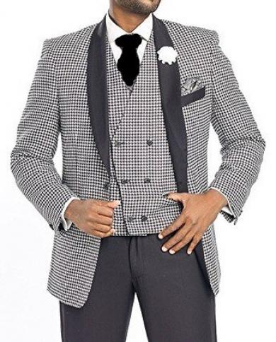 Costume Homme Houndstooth Black Shawl Lapel Groom Tuxedo Man Attire Mens Suit Wedding Terno Masculino Man Blazer 3 Piec