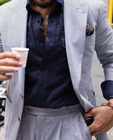Britian Causal Stripe Peak Lapel Men Suits Terno Masculino Tuxedo Groom Wedding Prom Slim Fit Blazer Custome 2 Pcs Jacke