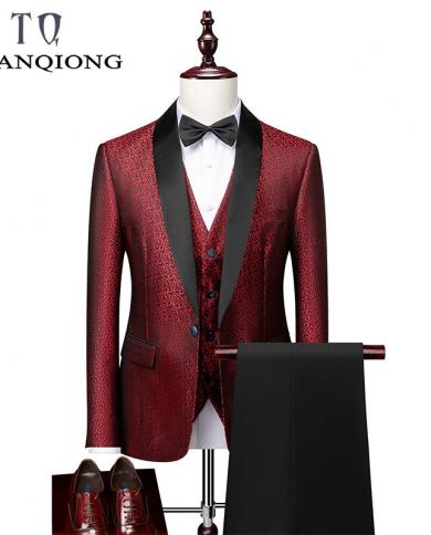 טיאן ציונג חליפה אדומה שחורה לגברים חליפות חתן חתן בכושר דק לגברים צווארון צעיף מותג מסוגנן שמלת עסקים רשמית סוי