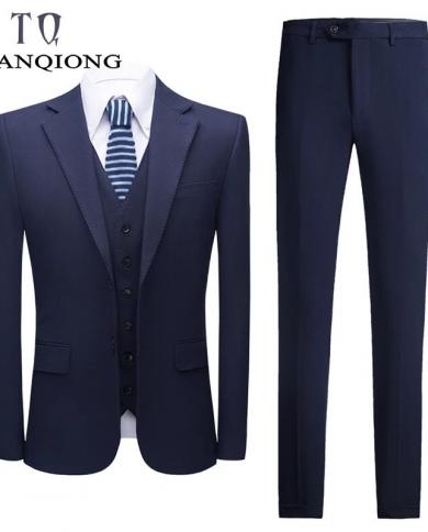 טיאן ציונג אביב סתיו חלוקה כפולה 3 חלקים חליפות חתונה לגברים מעשנים homme טוקסידו חליפה כחול כהה זכר באיכות גבוהה