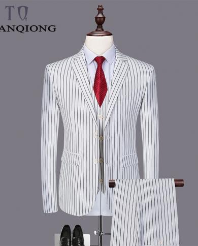 Tian Qiong, trajes de boda a rayas blancas, traje de 3 piezas para hombre, traje ajustado para novio, trajes de negocios para bo