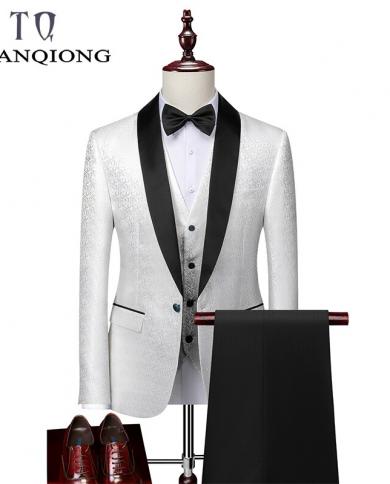 Tian Qiong Chal Collar Novio Traje de boda Blanco Moda 3 piezas Banquete Fiesta de graduación Traje para hombres Traje de caball