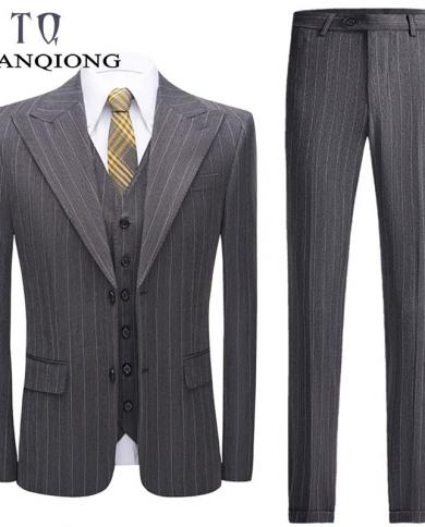 Traje de rayas grises Tian Qiong para hombre, trajes de boda clásicos para hombre, traje de 3 piezas para hombre, traje de negoc