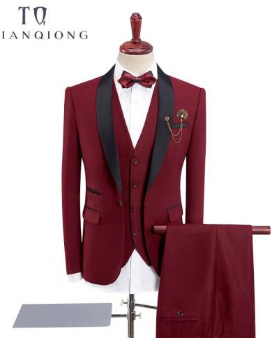 Trajes de esmoquin de boda rojo Tian Qiong para hombre, 3 piezas con pantalones, nuevo diseño, chal negro, solapa, ajustado, púr