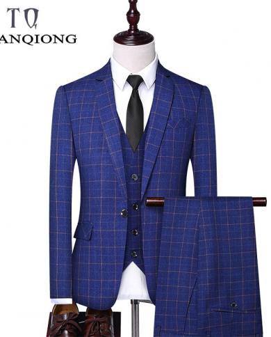 Marca Tian Qiong, traje de 3 piezas para hombre, traje ajustado a cuadros para hombre, traje de boda para novio, trajes formales