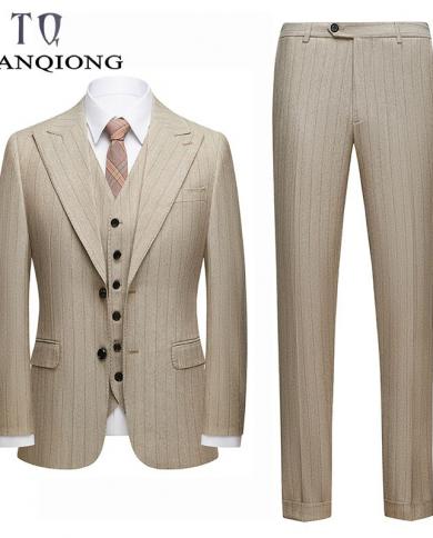 Latest Coat Vest Pant Designs Brand Khaki Striped Wedding Suits  Fashion Men Slim Fit Formal Suit Male 3 Piece Formal We