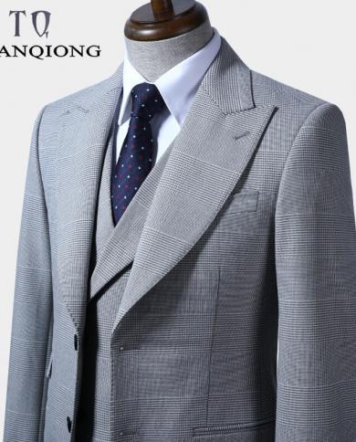 Tian Qiong Gray Plaid Suits For Men High Quality Three Piece Mens Wedding Suits Prom Party Dress Dinner Christmas Suit M