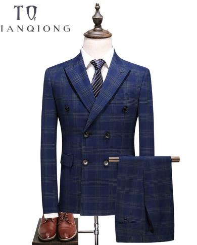 Tian Qiong Mens Double Breasted Suit  Slim Fit Blue Plaid Suit Men 5xl Plus Size Luxury Wedding Suits Business Formal We