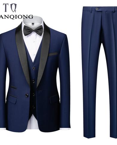 Tian Qiong Brand  Red Navy Blue Shiny Suit For Men Shawl Collar 3 Piece Mens Wedding Suits Elegant Prom Christmas Suit S