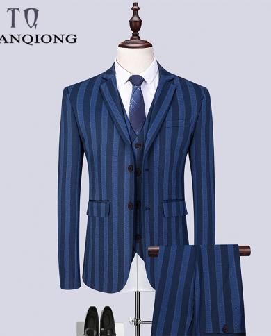 Men Suits  Brand Clothing Stripe Men Formal Suit Blue Normcore Mens Suits Wedding Groom Blazer With Pants Mens 3 Piece S