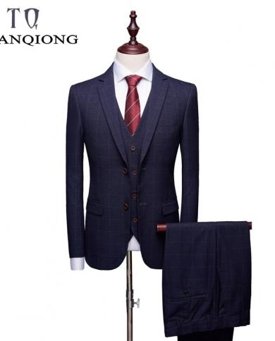  Elegant Plaid Suit Men High Quality Groom Wedding Tuxedo Jacket With Pants Vest Slim Fit 3 Piece Business Wear Mens Sui