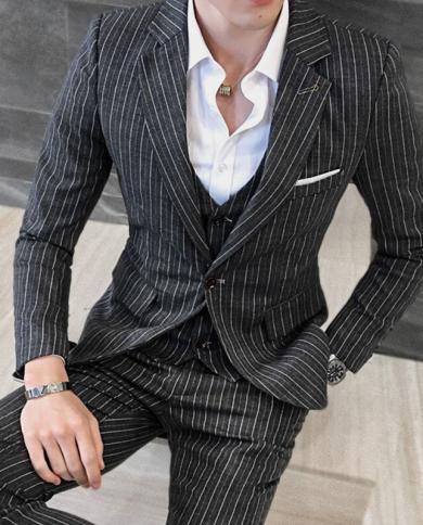 Mens Fashion Boutique Stripe Casual Business Suit Jacket Blazers Luxury Brand Grooms Wedding Male Suit  1 Piece Jacke