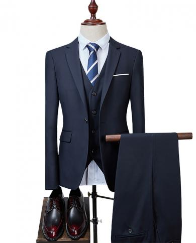  Jacket  Vest  Pants  Groom Wedding Dress Formal Suit 3 Piece Set High Quality Pure Color Casual Business Mens Suit 