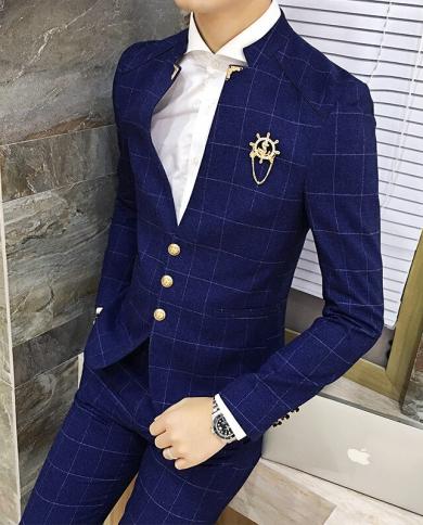  Jacket  Pants  Boutique Fashion Plaid Mens Casual Slim Suit 2pcs Set Standup Collar Groom Wedding Dress Stage Perfor