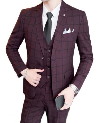  Jacket  Vest  Pnats  Spring And Autumn Plaid Suit Men Luxury Slim Fit Dress Mens Formal Business Office Plaid Suit 