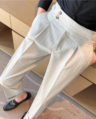 Mens Vestido Terno Calça Listrada Xadrez Estilo Britânico Cintura Alta Design de Cinto Casual Calça Fina Formal Escritório Socia