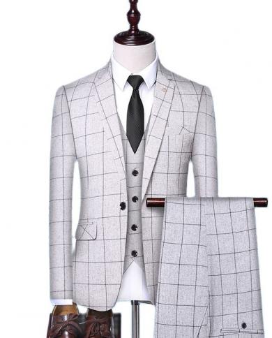  Jaqueta  colete  calça  Novo vestido de noiva masculino sofisticado clássico xadrez britânico negócios casual terno formal 