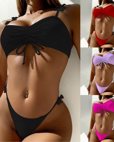  Women Bikini Brazilian Swimsuit Push Up Bra Bikini Set Two Piece Swim Suit Swimwear Low Waisted Beachwear Solid Bathing