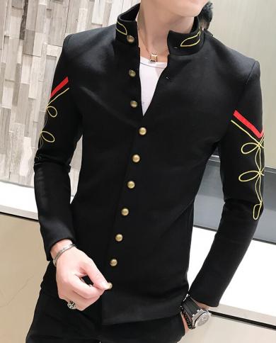 4 Color Gold Button Blazer  New Fashion Embroidery Chinese Stand Collar Slim Suit Jacket Pattern Aviator Jacket Men Blaz
