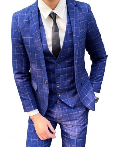 Blazer Vest Pants Highend Brand Boutique Fashion Plaid Formal Business Office Mens Suit Groom Wedding Dress Party Male 
