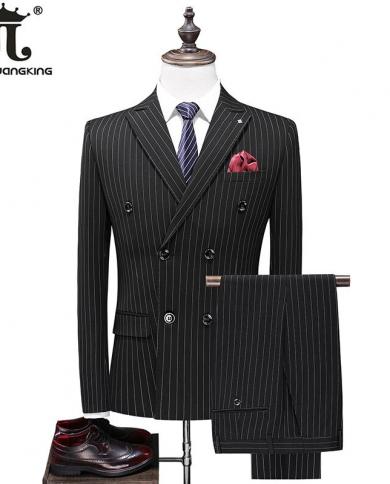 Jacket  Vest  Pants  Groom Wedding Dress Boutique Striped Formal Double Breasted Suit 3pce Set Mens Casual Business