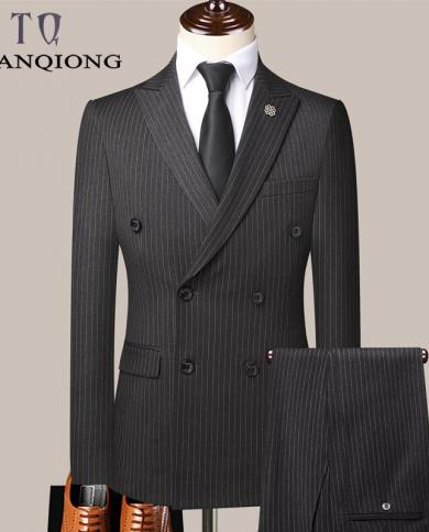 Tian Qiong Black Striped Wedding Suit Men Slim Fit Mens Double Breasted Suits Elegant Prom Party Groom Wear jacketpant