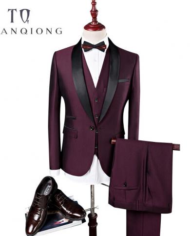 Tian Qiong Men Suit Wedding Suits For Men Shawl Collar 3 Pieces Slim Fit Burgundy Suit Mens Royal Blue Tuxedojacketves
