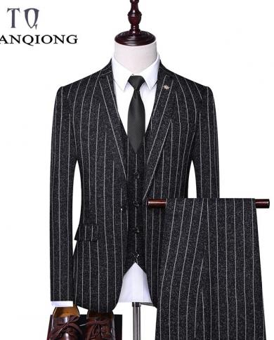 jacket  Vest pants  Mens Suit Fashion Striped Groom Wedding Dress Suit  Men Casual Business Suit With Pants Waistco