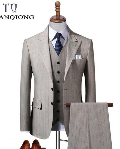 Tian Qiong Brand Stripe Wedding Suits For Men Slim Fit Mens Business Suits High Quality Woolen Suit Formal Jacketpants