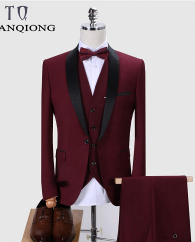 Brand Men Suit  Wedding Suits For Men Shawl Collar 3 Pieces Slim Fit Burgundy Suit Mens Royal Blue Tuxedo Jacket Qt977  