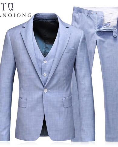 أحدث معطف بانت تصميم تيان كيونغ 100٪ بوليستر أزرق فاتح متعرجة الرجال بدل زفاف خياط السترة بدلات العريس ل