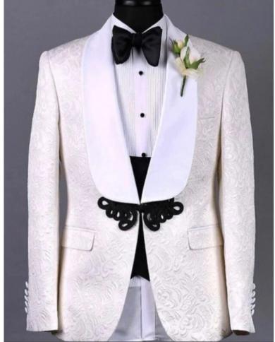 Ivory Floral Pattern Men Suits 3 Pieces Black Pant Costume Homme Slim Fit Wedding Tuxedos Groom Prom Terno Masculino Bla