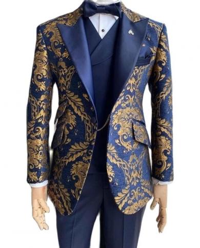 Costume Jacquard Floral Tuxedo Suits For Men Wedding Slim Fit Navy Blue And Gold Pattern Blazer Sets 3 Piece Trajes De H