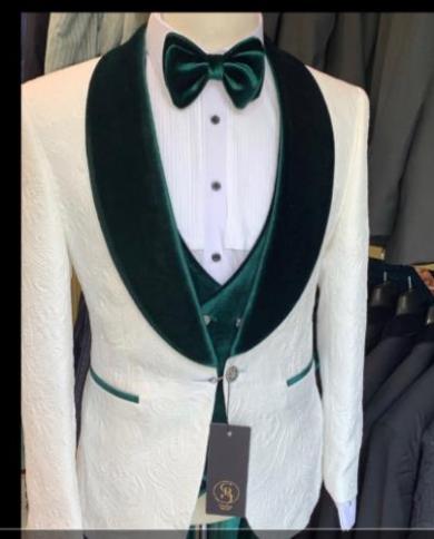 Green Velvet Shawl Lapel Costume Homme Pattern Men Suits  Slim Fit Blazer Tuxedos Groom Wedding Terno Masculino 3 Pieces