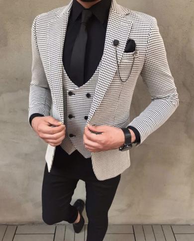 New Arrival Houndstooth Men Suits With Black Pant Costume Homme Slim Fit Tuxedo Wedding Groom Terno Masculino Blazer 3 P